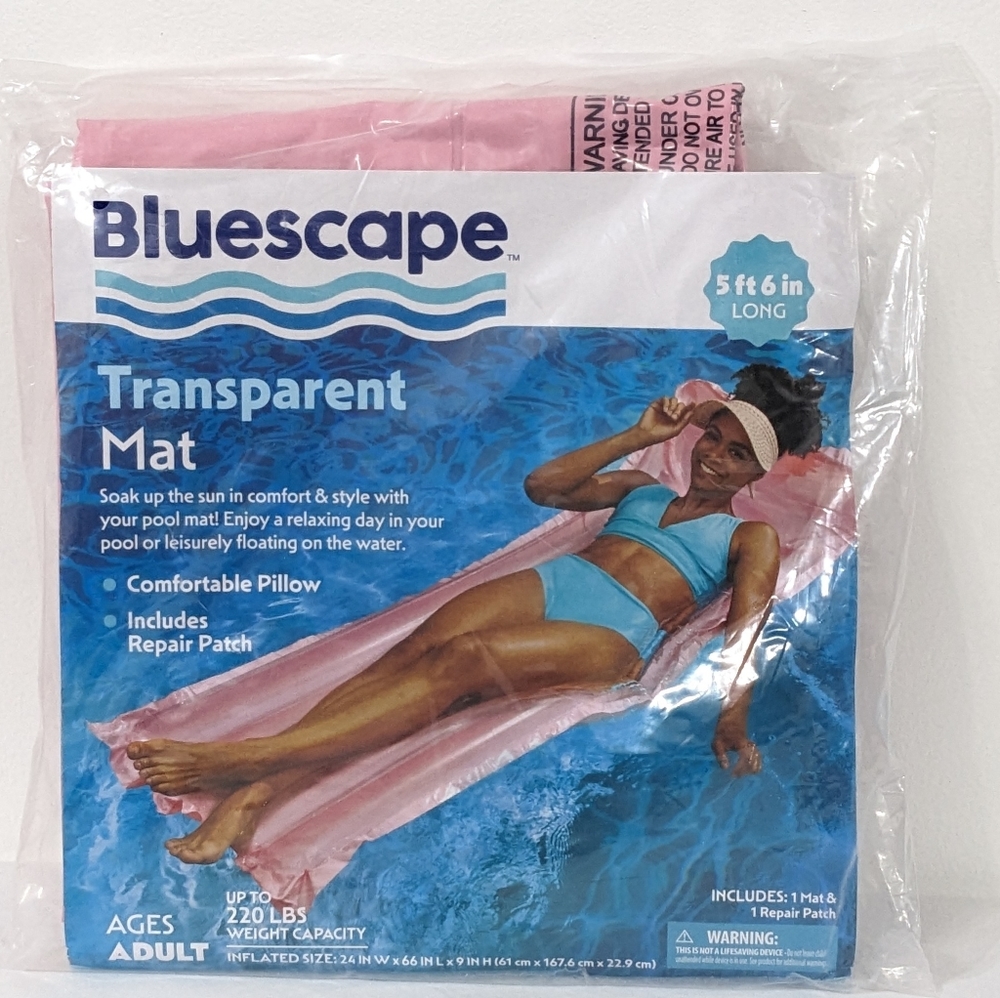 NEW Pink Adult Inflatable Pool Float, Transparent Air Mat, 5 ft 6 in long